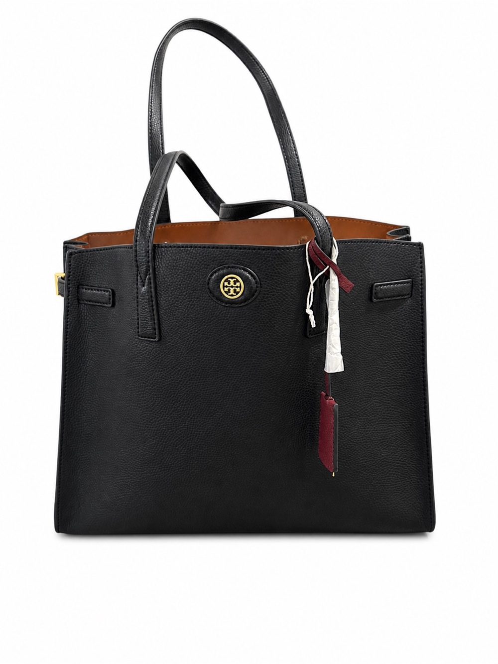Tory Burch Black Leather Robinson Satchel Tote with Gold Logo and Burgundy Tag